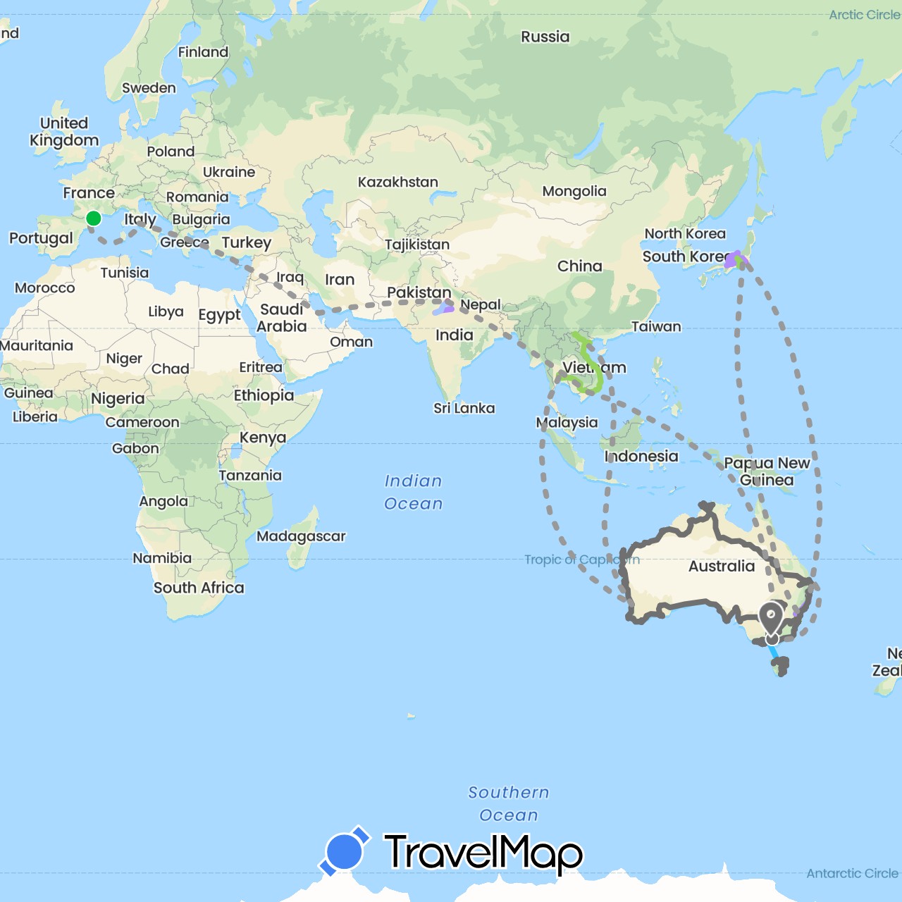 TravelMap itinerary: driving, bus, plane, boat, tuktuk, À pied, scooter, train, taxi, bus, tram, holden rodeo 2000, toyota landcruiser yoann in Australia, Spain, France, India, Italy, Japan, Cambodia, Saudi Arabia, Thailand, Vietnam (Asia, Europe, Oceania)